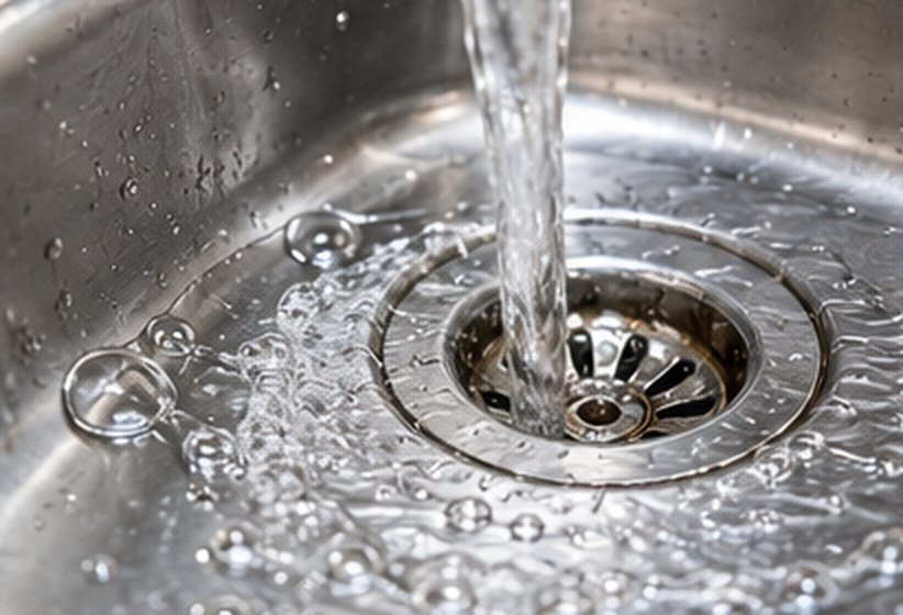 Wasser läuft in den Abfluss einer Edelstahlspüle