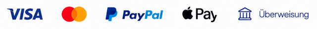 Zahlungsarten: Visa, Mastercard, PayPal, Apple Pay, Überweisung